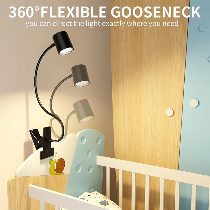 Dott Arts Desk Lamp,USB Clip On Light with 3 Color Modes,LED 10 Levels Brightness Reading Light, 360°Gooseneck Book Light,Eye-Care Reading Lamp for Home Office,Headboards.Adapter included