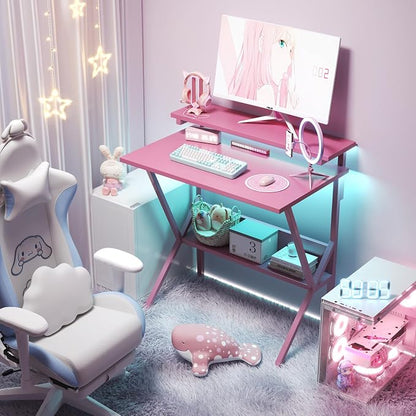 COTUBLR Small Desk, 27.5 Inch Small Computer Desk for Spaces, Computer Desks with Adjustable Monitor Stand, Compact Desks with Storage, Tiny Study Table for Bedroom Home Office, Pink