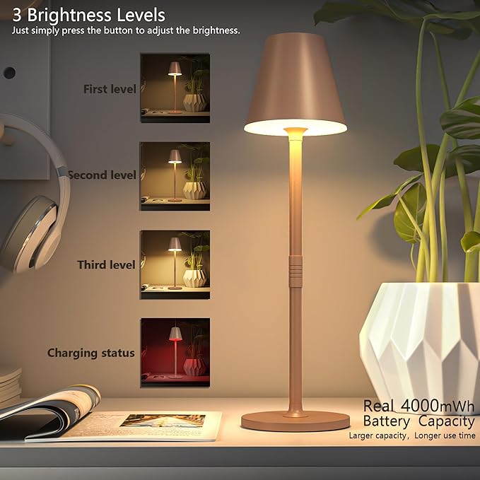 Modern LED CordlessTable Lamp,4000mAh Rechargeable Battery Desk lamp,3 Level Brightness Night Light, Minimalist Design, for Couple Dinner/Coffee Table/Restaurant/Bedroom (Light Pink)
