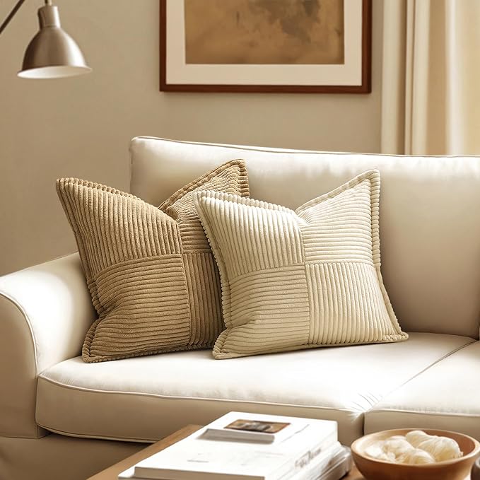 MIULEE Decorative Throw Pillow Covers for Couch Bed Livingroom 16x16 Inch Set of 2 Cream Boho Accent Throw Pllows Broadside Striped Patchwork Soft Corduroy Pillowcases