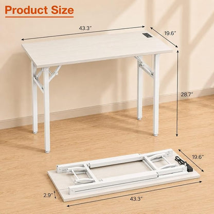 Folding Table Computer Desk - 43.3" No Assembly Folding Desk with Power Outlets & USB Charging Port, Small Desk, Foldable Office Desk, Compact Storage Portable Use for Small Space, White Ash