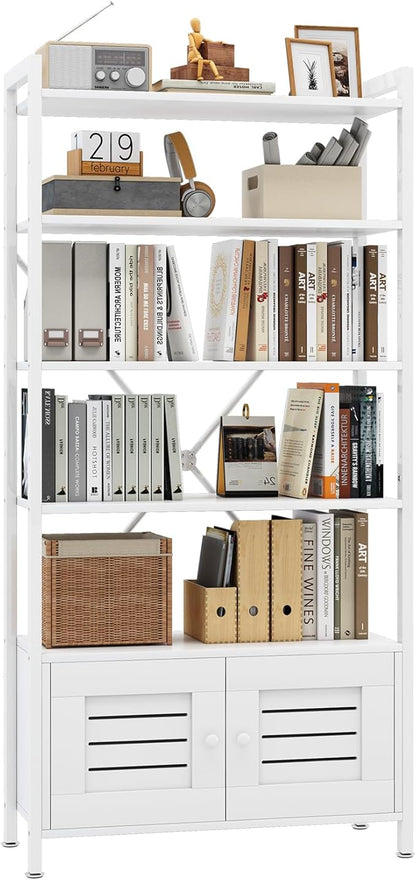 Storage Cabinet with 4 Open Shelves,1 Cupboard,White Bathroom Display Standing Shelf, White Wooden and Metal Frame Shelf for Living Room, Bathroom Bedroom, Home Office Organizer