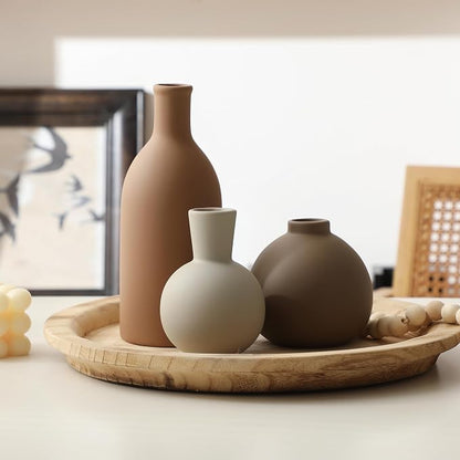 Ceramic Vase Set of 3, Vases Home Decor Rustic Farmhouse Decorative Vase Pottery Vases for Bouquet Pampas Grass Dried Fresh Flowers, Table Living Room Kitchen Bedroom Bathroom - Brown
