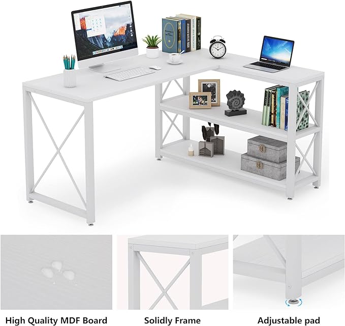 Tribesigns Reversible Industrial L-Shaped Desk with Storage Shelves, Corner Computer Desk PC Laptop Study Table Workstation for Home Office Small Space (White, 53")