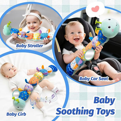 Baby Toys 0-6 Month, Musical Caterpillar Rattle, Infants Sensory Toy with Mirror Crinkle Textures, Newborn Developmental Tummy Time Stuffed Plush Animal toys for Babies Boys Girls 3-6-12 Months (Blue)