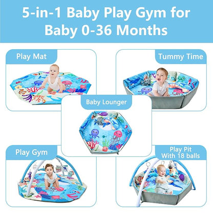 Baby Gym Play Mat, 8-in-1 Tummy Time Mat & Activity Gym, Washable Ball Pit, Infant Play Mat with Detachable Toys for Sensory Exploration and Motor Skill Development