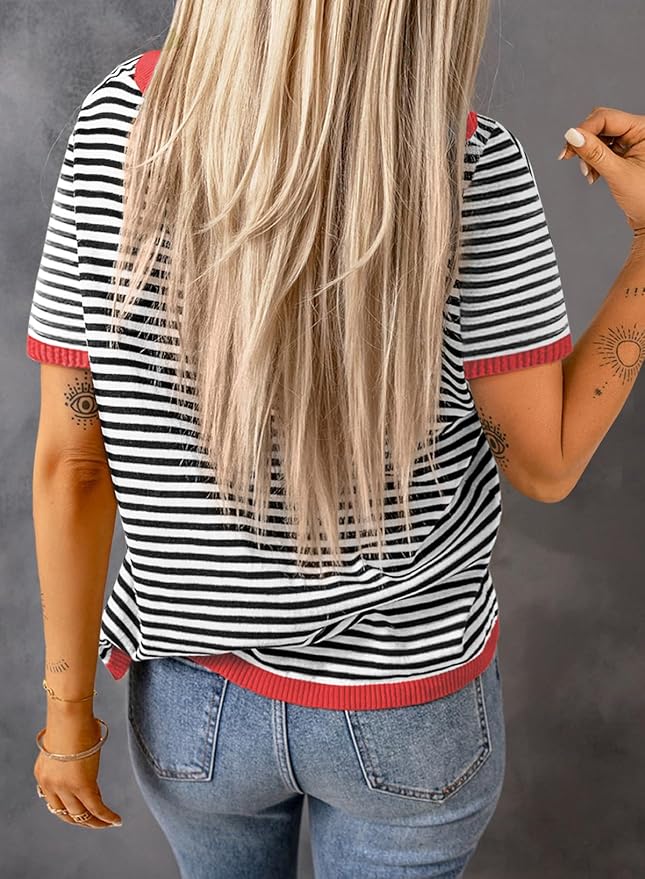 Dokotoo Womens Tops 2026 Casual Summer Crewneck Short Sleeve Striped Color Block Knit High Low Trendy Pullover Sweaters