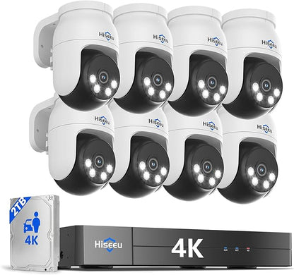 Hiseeu 4K PTZ Wired Security Camera System with 8 x 8MP CCTV Cameras | 360° Coverage,Smart Color Night Vision,Audio,Person/Vehicle Detection,8MP DVR,2TB HDD for 24/7 Recording,Surveillance DVR Kit