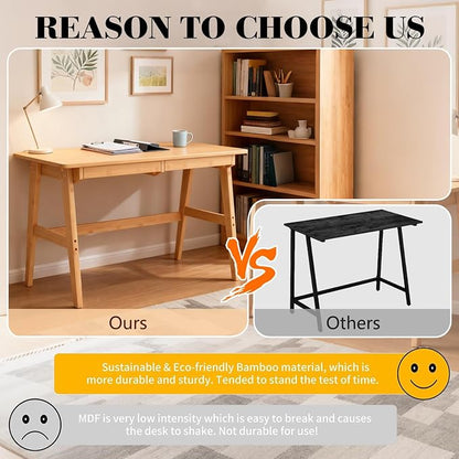 Nnewvante Writing Computer Desk 46" Bamboo Home Office Table with 2 Drawers, Modern Furniture Simple Study Makeup Workstation | Work Study Laptop Table for Bedroom, Modern Simple Style