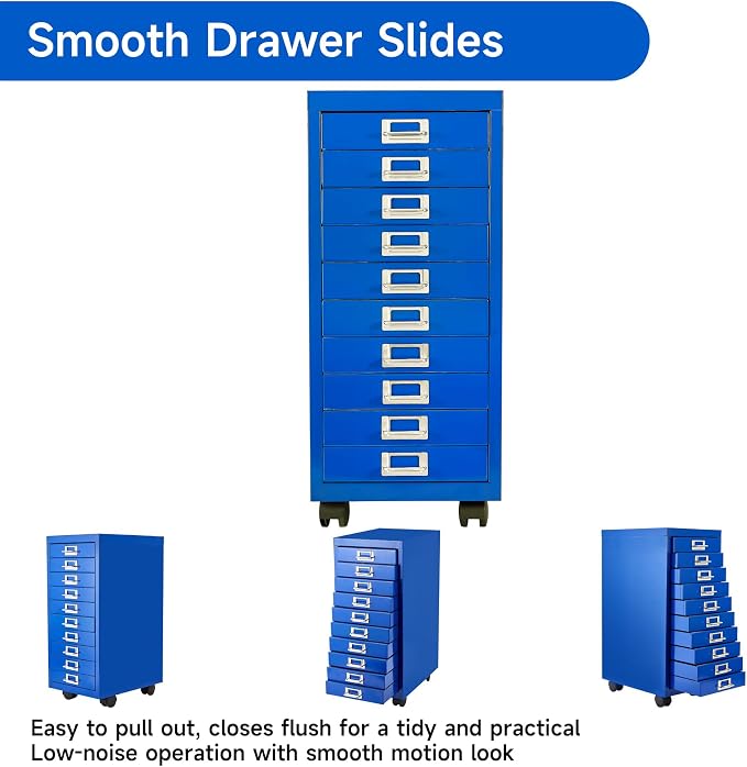 File Cabinet MINI 10 Tier Metal File Organizer Document Organizer with Wheel, White Color, for Home Office, Office Desk File (Blue)