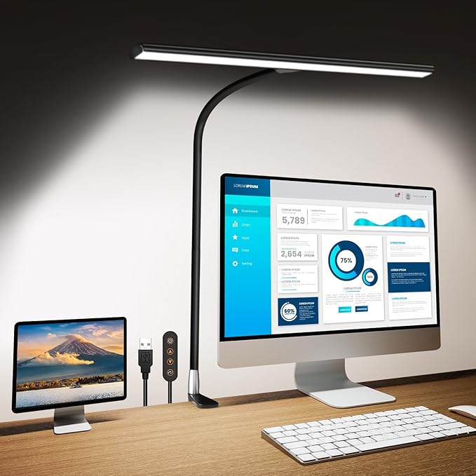 LED Desk Lamps for Home Office, Gooseneck Desk Lamps with Clamp, 30 Lighting Modes Adjustable, 18W Eye-Caring Desk Light, for Reading, Study, Workbench