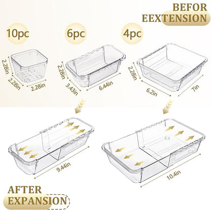 20 Pcs Adjustable Clear Drawer Organizer, Extendable Vanity Storage Bins, Desk Drawer Organizer Set for Makeup, Cosmetics, Bedroom, and Gadgets, Clear