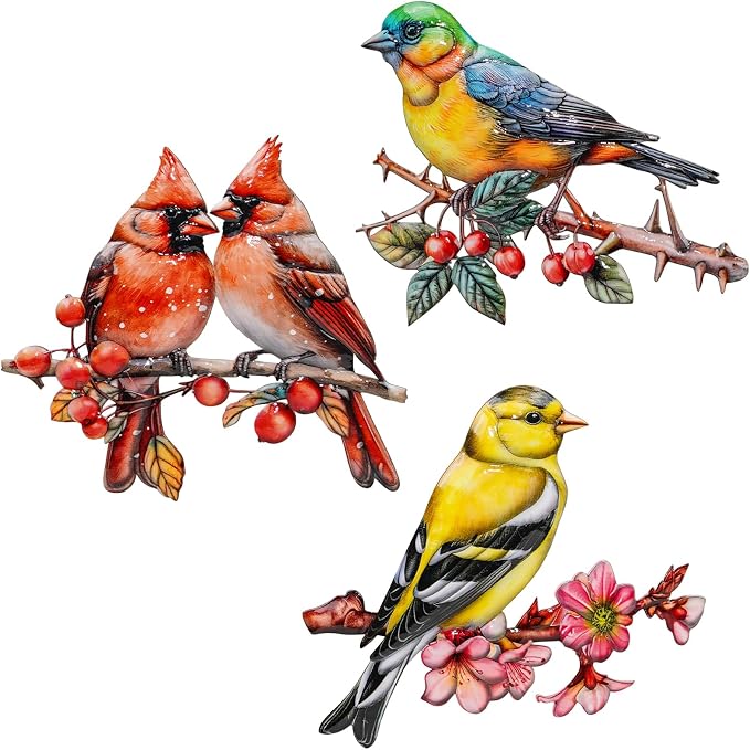 YOADEHOA 3Pcs Metal Wall Art Decor Birds on Branch, 3D Colorful Bird Outdoor Hanging Wall Art Patio Fence Decorations, Hummingbird Wall Sculptures for Indoor Outdoor Garden(Birds A)