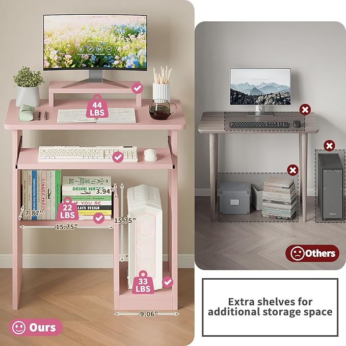 ALISENED 30 Inch Computer Desk, with Keyboard Tray & Monitor Stand | Compact Desk for Space-Saving, Ergonomic Study Desk with Storage Shelves for Writing, Gaming, Working, Pink