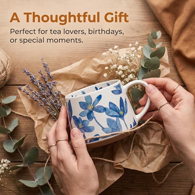Ceramic Coffee Mug, 13oz Floral Design Pottery cute mugs, Ideal Gift for Women unique vintage pretty coffee mugs (Blue Bulky Flower Mug)