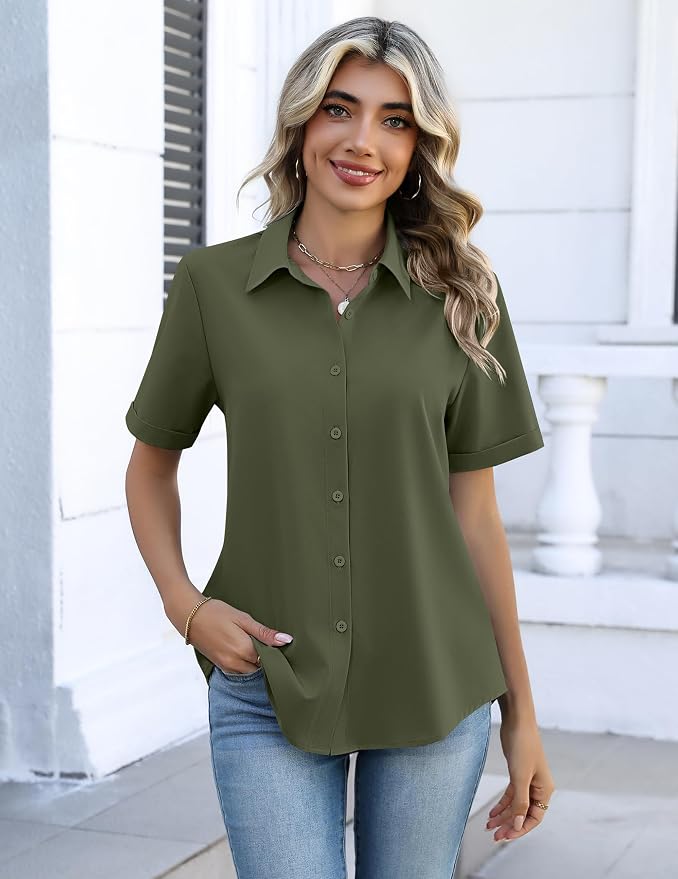 Zeagoo Button Down Shirts for Women Short Sleeve Collared Tops Dressy Casual V Neck Blouses