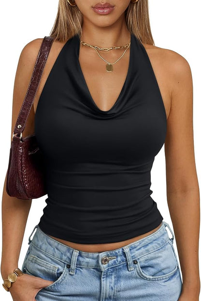 Trendy Queen Halter Tops for Women Going Out Summer Top | Cowl Neck Shirts, Sexy Backless, Fashion Y2K Clothes, Perfect for Party, Club, Vacation, Pair with High-waisted Bottoms
