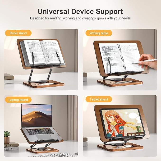 OPTIXCELL Book Stand for Reading, 360° Rotating Book Holder, Page Clips | Hands Free, Built-in Storage Tray, Adjustable Height Angle, Non-Slip, Foldable 13.3x9.4x1.9in, Fits Cookbook Tablet & Laptop