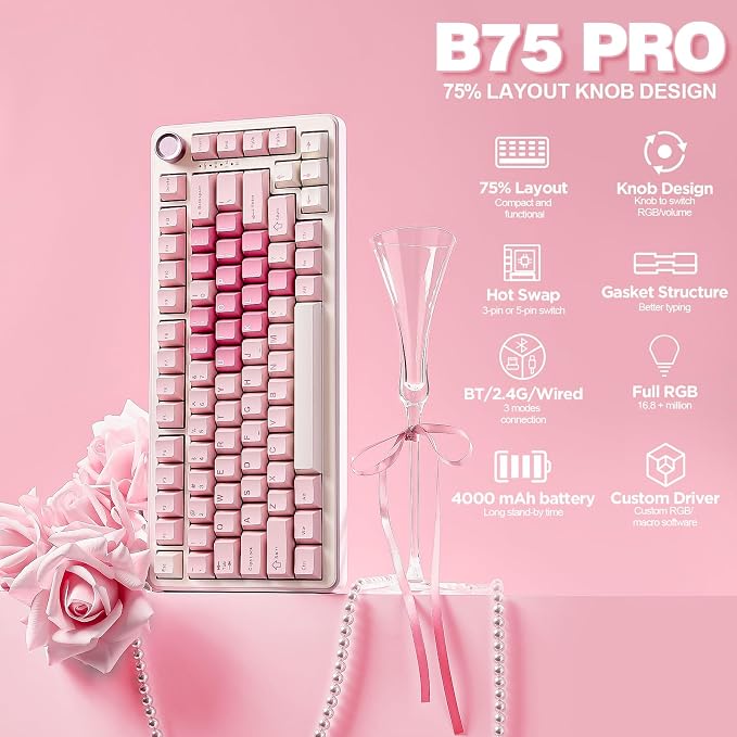 YUNZII B75 PRO 75% Wireless Mechanical Keyboard (Pink,MilkV2) | Hot Swap Keyboard with Knob, Gasket Mount, Creamy Pre-lubed Switch for Smooth Typing, BT/USB-C/2.4G, for Gaming
