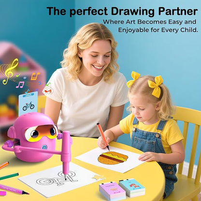 Drawing Robot for Kids with 100 Cards, Montessori Painting Learning Toys for 3 4 5 6 7 8 Year Old Boys Girls,Voice Interactive Early Learning Educational Drawing Toy Gift for Birthday Party