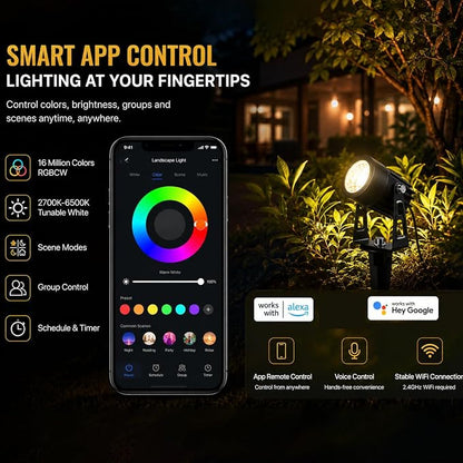 rosykite Smart RGBW Landscape Lighting Kit, WiFi & Bluetooth Outdoor Lights with Transformer, App/Remote/Controller Control, Color Changing Low Voltage Garden Lights for Yard Pathway Patio (6 Pack)