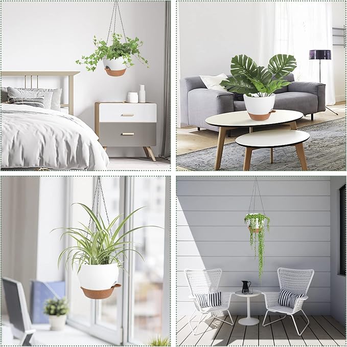 Hanging Planters for Indoor Outdoor Plants, 2 Pack Self Watering Hanging Pot with Drainage Holes & Removable Tray (White, 8'')