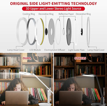 LED Desk Lamp for Home Office - Natural Eye-Caring Table Light, Adjustable Metal Swing Arm with 18W Dimmable Bright Reading Task Lampara Memory Function White