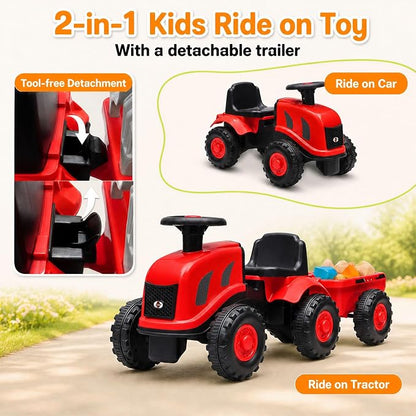 Kids Ride on Tractor, 2 in 1 Foot to Floor Push Car w/Detachable Trailer, Horn, Rake & Shovel, No Power Sliding Toy Gift for Toddlers, Outdoor Ride on Construction Vehicle (Red)