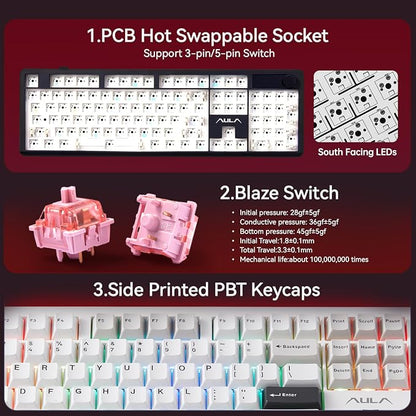 AULA F106 Pro Wireless Gaming Keyboard Creamy Mechanical Keyboards 104 Keys | 8000mAh,Hot Swappable Custom Full Size Knob&Screen,RGB Backlit,Pre-lubed Blaze Switches,PBT Keycaps,Tri-Mode BT/2.4GHz/USB-C