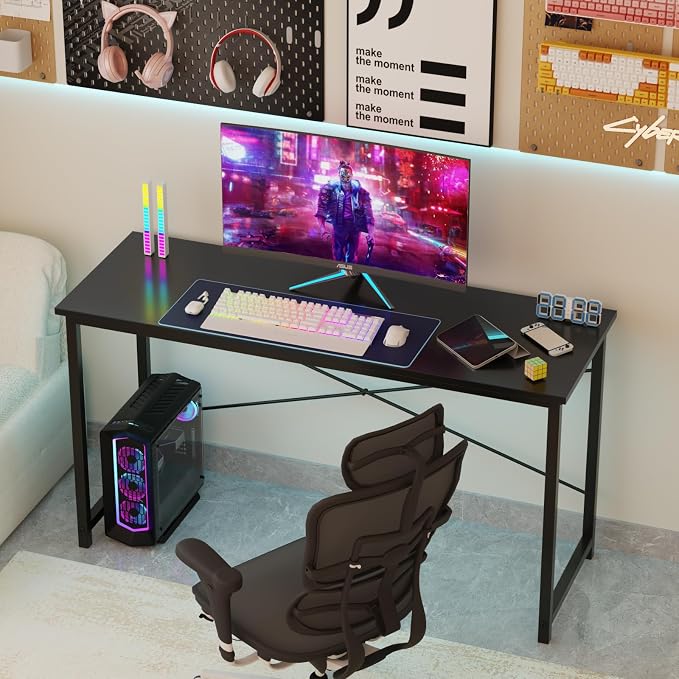 Sweetcrispy 48-Inch Small Computer Desk for Bedroom, Black | Gaming Writing Work and Study Desk for Home Office, Sturdy Metal Frame and Compact Modern Design with X-Shaped