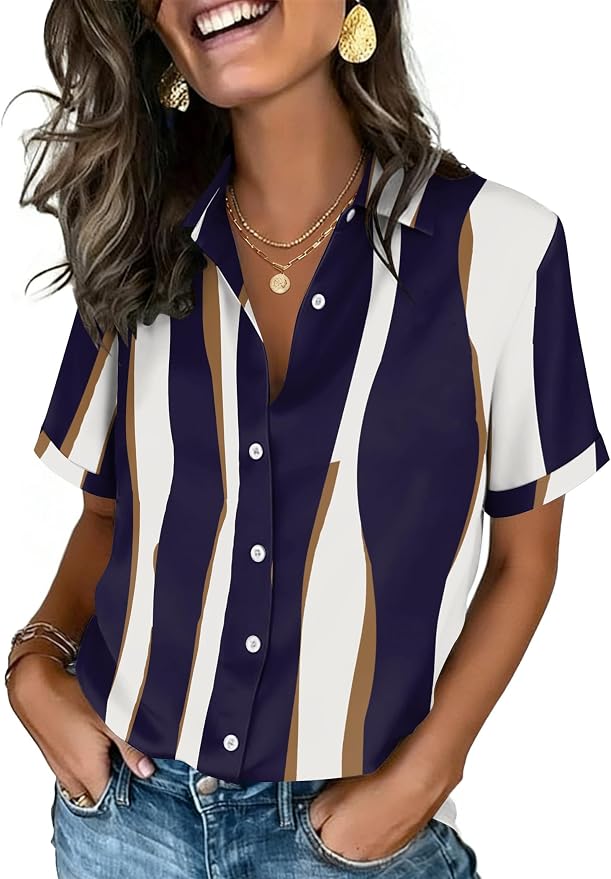 Zeagoo Button Down Shirts for Women Short Sleeve Collared Tops Dressy Casual V Neck Blouses