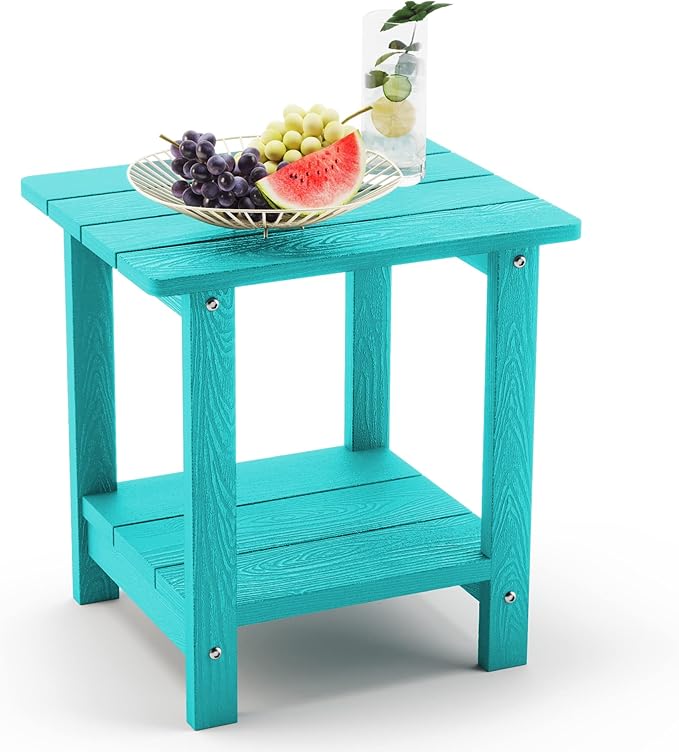 LUE BONA Adirondack Outdoor Side Table, 2-Tier Aruba Blue HDPS Patio End Table Weather Resistant, Outdoor Morden Side Table for Patio, Pool, Porch