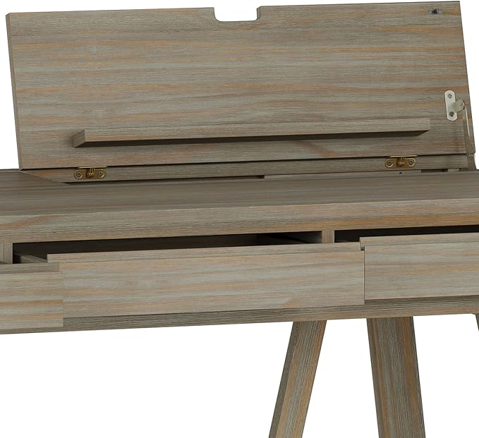 SIMPLIHOME Bowman SOLID WOOD Modern Industrial 54 Inch Wide Flip Up Desk in Distressed Grey, For the Office Desk, Writing Table, Workstation and Study Table
