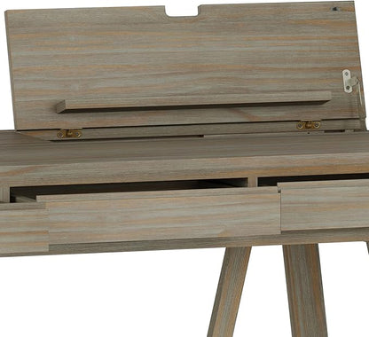 SIMPLIHOME Bowman SOLID WOOD Modern Industrial 54 Inch Wide Flip Up Desk in Distressed Grey, For the Office Desk, Writing Table, Workstation and Study Table