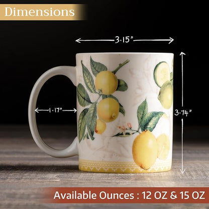 Maison d' Hermine Coffee Mug with Handles Tea Cups (12 Ounce, Pack of 1) | Fine Bone China Coffee Mugs for Hot Beverages Cappuccino Latte Home Restaurant Hotel Spring Summer -Limoncello - Verna