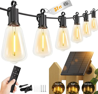 Brightown 37FT Solar String Lights Outdoor Waterproof with Remote & Timer, 10+1 LED Shatterproof Bulbs, USB/Solar Powered Dimmable Patio Lights for Garden Backyard Wedding Decor