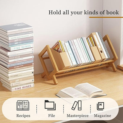 Wood Tilting Bookcase in Living Room/Home/Office, Desktop Book Shelf Organizer Bookshelves Storage Rack for CDs/Magazine/Books Display (Yellow, 19.68"-L)