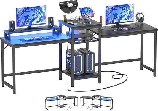 Unikito 2 Person Computer Desk with LED Light and Power Outlet, Double Gaming Desk, Large Workstation with Storage and Printer Stand, Long Desk, Office Work Desk with Shelf, Writing Study Table, Black