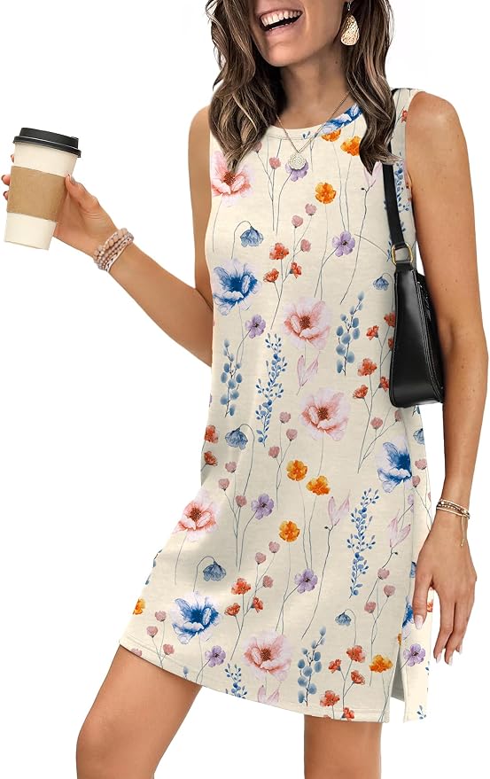 WIHOLL Casual Dresses for Women Crewneck Sleeveless Tank Dress Summer Spring Boho Vacation Clothes