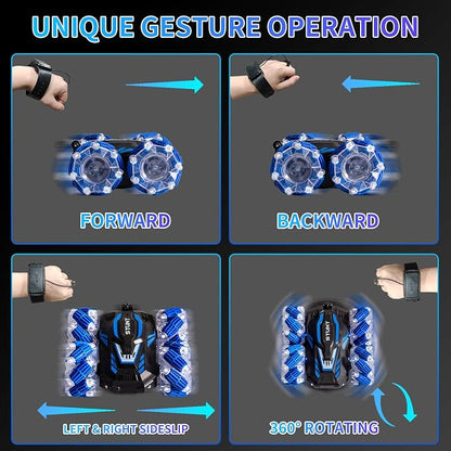 Remote Control Car, 4WD Gesture Sensing RC Stunt Car, Double Sided 360° flip, with Cool Lights and Music, Birthday Present Toys Car for Boys SND Girls Aged 5-12 (Blue)
