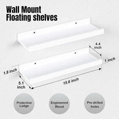 RICHER HOUSE 3-Set Floating Shelves with Lip, White Small Wall Shelf, 16In | Display Picture Ledge Shelf, Anti-drop lip Shelf for Room Wall Decor, Bedroom Bathroom Storage Nursery Books, Easy Setup,Wood