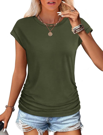 Sampeel Womens Summer Tops Trendy 2026 Ruched Cap Short Sleeve Tshirts Shirts Crew Neck T Shirts Fashion
