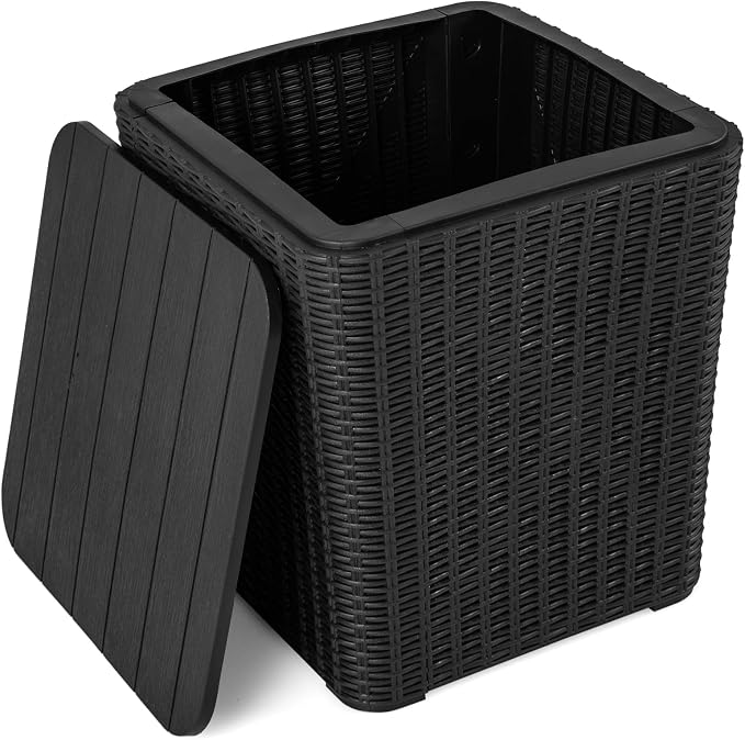Giantex 11.5 Gallon Deck Box, Outdoor Side Table with Removable Lid, Faux Wicker-Woven, 330Lbs Capacity, Outside Waterproof Storage Box, Resin Rattan Small Coffee Table for Patio Poolside (Black)