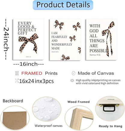 Leopard Bow Wall Art, Y2K Cheetah Print Room Decor for Teen Girls, Inspirational Bible Verses Bow Wall Decor Canvas Pictures Aesthetic for Bedroom Bathroom Dorm 16x24 Inch Framed