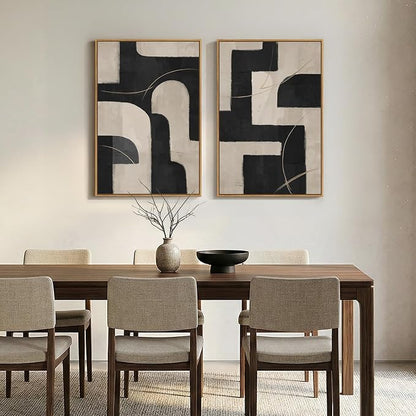 Large Framed Modern Neutral Abstract Wall Art, Set of 2 Minimalist Black and Beige Canvas Prints Paintings Artwork for Walls, Geometric Pictures for Living Room Hallway Bedroom Wall Decor 24x36 In