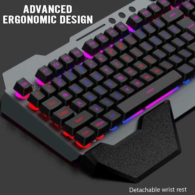 Wireless Gaming Keyboard and Mouse Combo,Rainbow LED Backlit Keyboard with Rechargeable 3800mAh Battery Metal Panel,Removable Wrist Rest Mechanical Feel and 7 Color Mute Gaming Mice for PC PS4 PS5