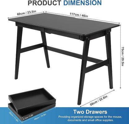 Nnewvante Bamboo Writing Desk, 46" Computer Desk with Drawers, Black | Modern Simple Desk with Storage for Home Office Bedroom