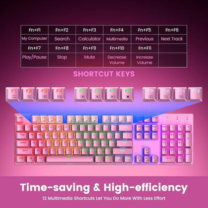 RisoPhy Mechanical Gaming Keyboard, Wired RGB 104 Keys, Blue Switch, Pink | Ultra-Slim Backlit USB Wired Keyboard, Durable ABS Keycap/Anti-Ghosting/Spill-Resistant Keyboards for PC Mac Xbox Game