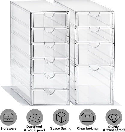 Prsildan Hair Accessories Organizer Acrylic Drawer with 10 Drawers | Clear, Craft Art Supply Storage, For Office Desk Bathroom Vanity Countertop, Set of 2