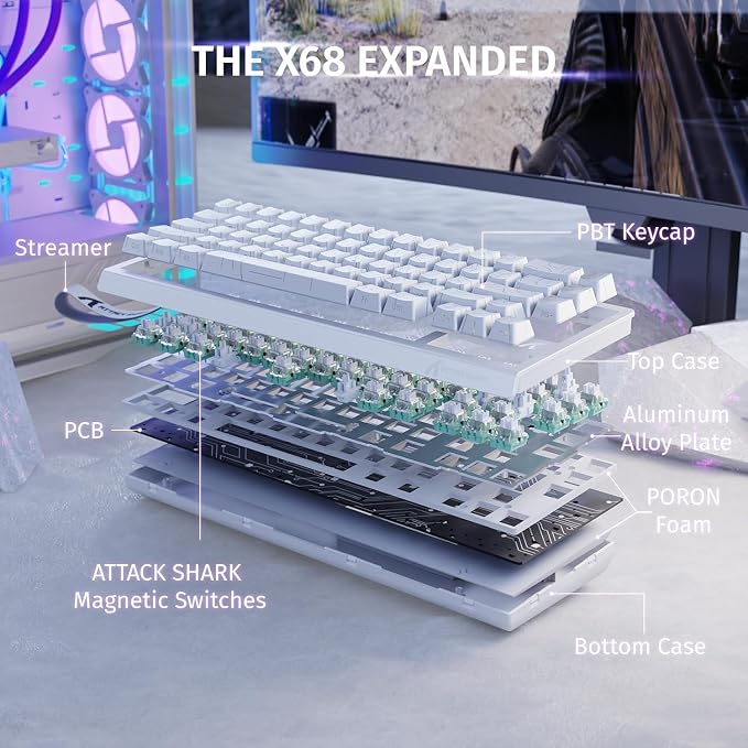 ATTACK SHARK X68HE RT Mechanical Gaming Keyboard 60% Wired TKL-WhiteContour | Adjustable Actuation,Hall Effect Magnetic Switch,8KHz Polling Rate,RGB Backlit,Top Mount,Side Printed Keycap for PC Mac Gamer
